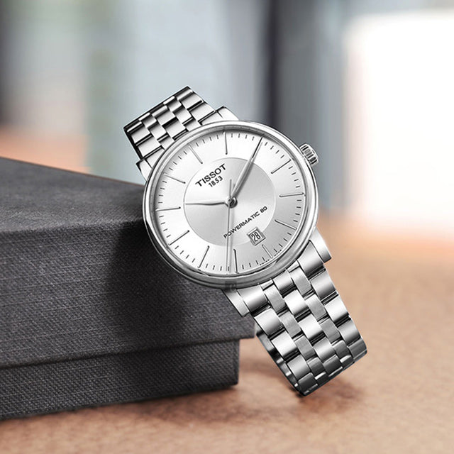 Tissot T Classic Carson Premium Powermatic 80 White Dial Silver Steel Strap Watch For Men - T122.407.11.031.00