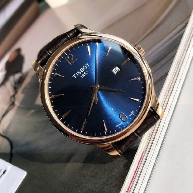 Tissot T Classic Tradition Blue Dial Brown Leather Strap Watch For Men - T063.610.36.047.00