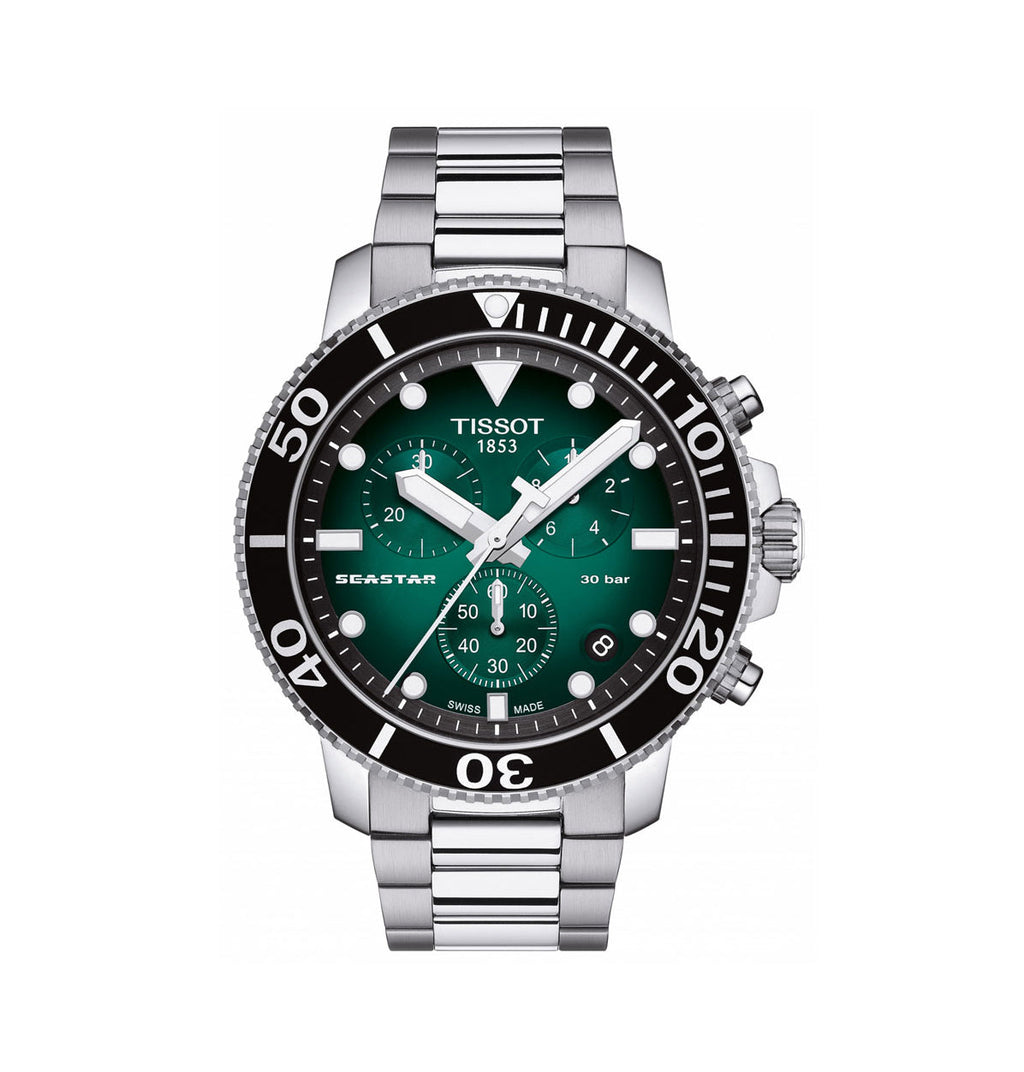 Tissot Seastar 1000 Chronograph Green Dial Silver Steel Strap Watch For Men - T120.417.11.091.01