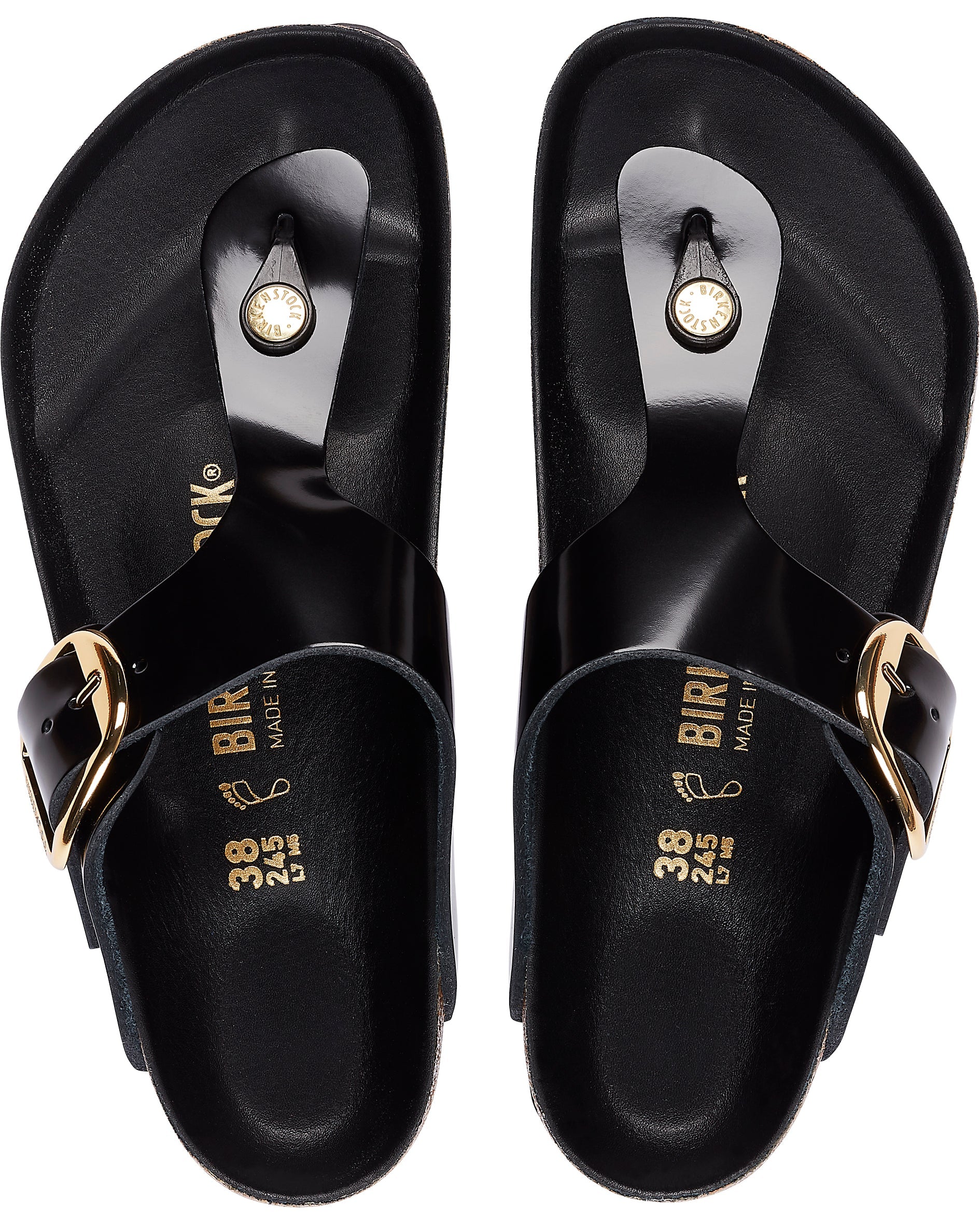 Gizeh Big Buckle High Shine Black Leather Sandals