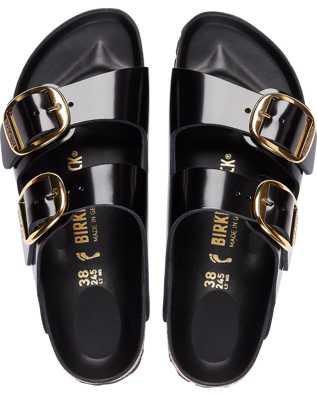 Arizona Big Buckle High Shine Black Leather Sandals