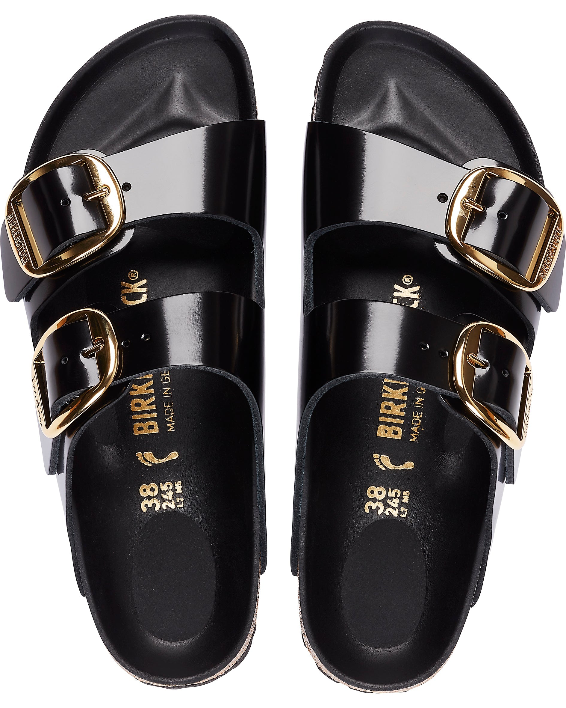 Arizona Big Buckle High Shine Black Leather Sandals