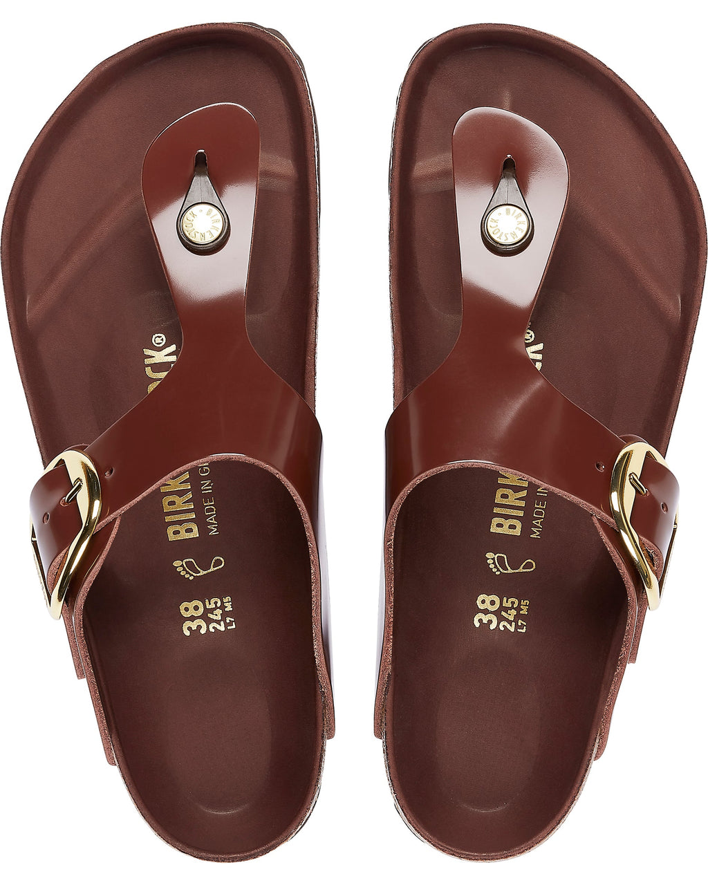 Gizeh Big Buckle High Shine Chocolate Leather Sandals