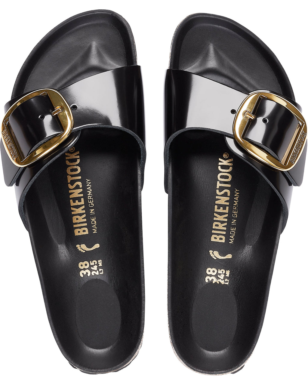 Madrid Big Buckle High Shine Black Leather Sandals