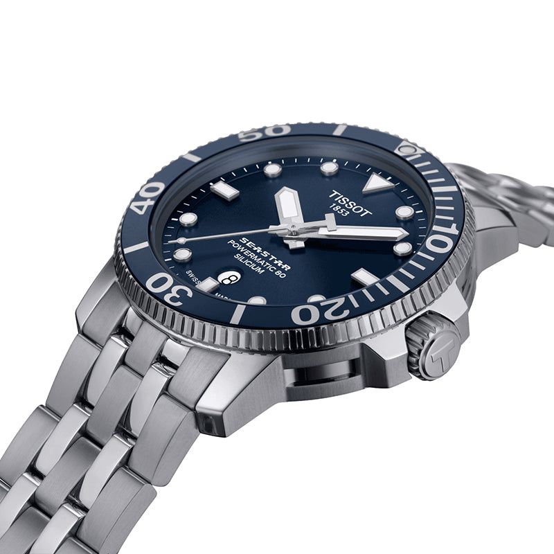 Tissot T Sport Seastar 1000 Powermatic Silicium Blue Dial Silver Steel Strap Watch For Men - T120.407.11.041.01