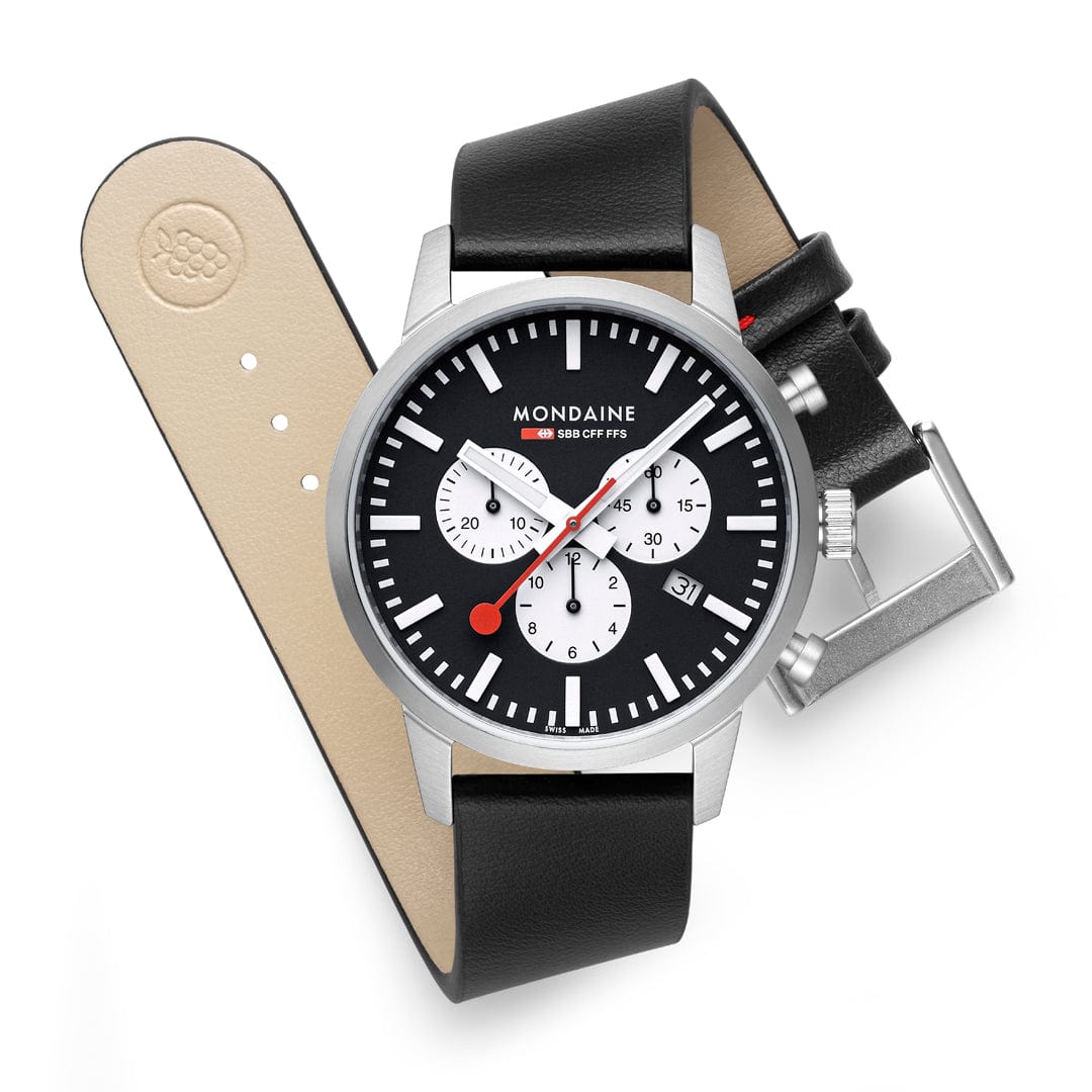 Mondaine Neo Reverse Panda Chronograph 41mm Vegan Leather Watch