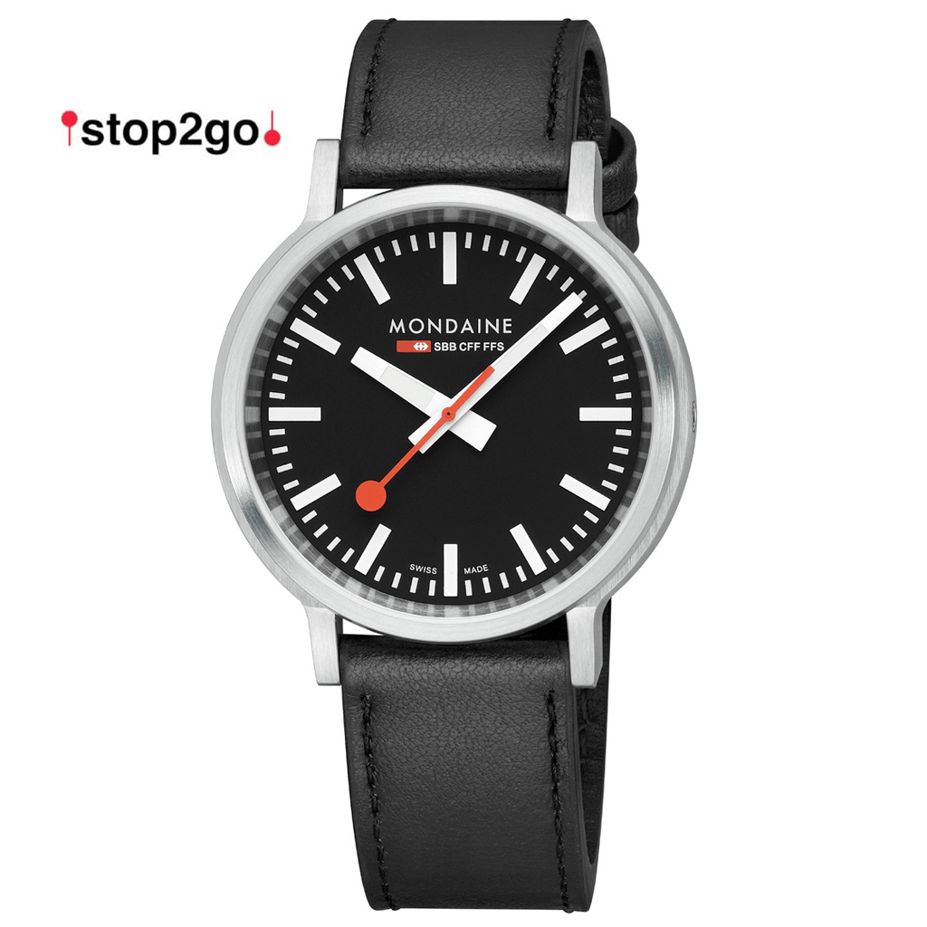 Mondaine Stop2Go Black Dial 41mm Vegan Leather Swiss Watch