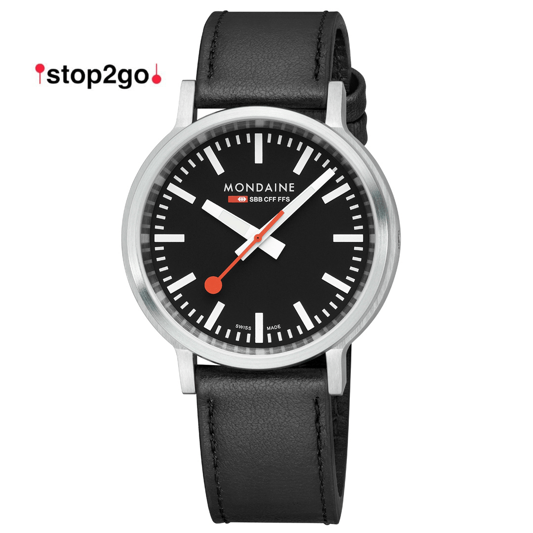 Mondaine Stop2Go Black Dial 41mm Vegan Leather Swiss Watch
