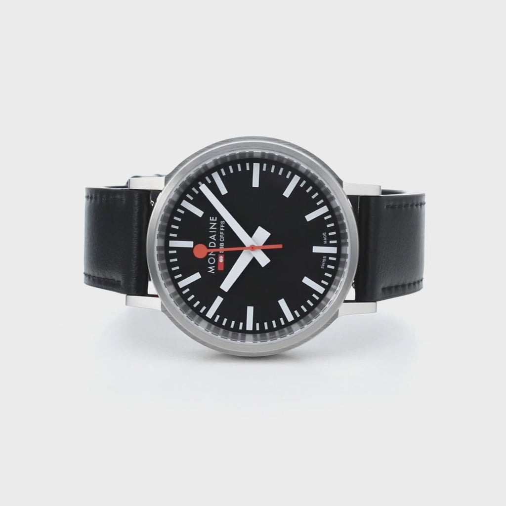 Mondaine Stop2Go Black Dial 41mm Vegan Leather Swiss Watch