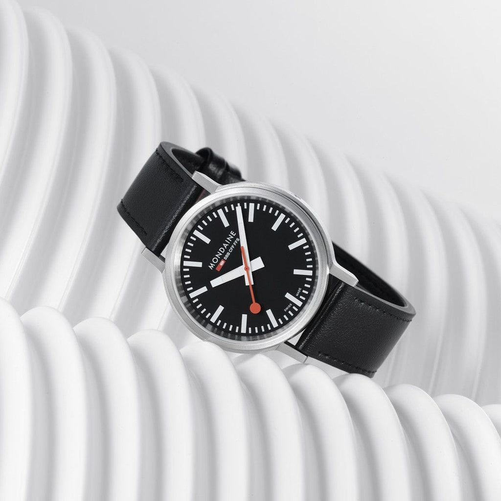 Mondaine Stop2Go Black Dial 41mm Vegan Leather Swiss Watch