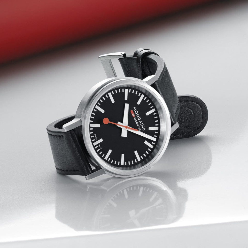 Mondaine Stop2Go Black Dial 41mm Vegan Leather Swiss Watch