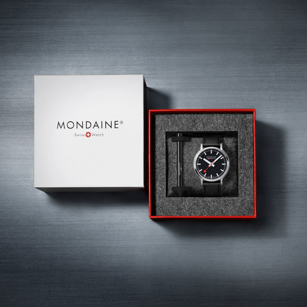 Mondaine Stop2Go Black Dial 41mm Vegan Leather Swiss Watch
