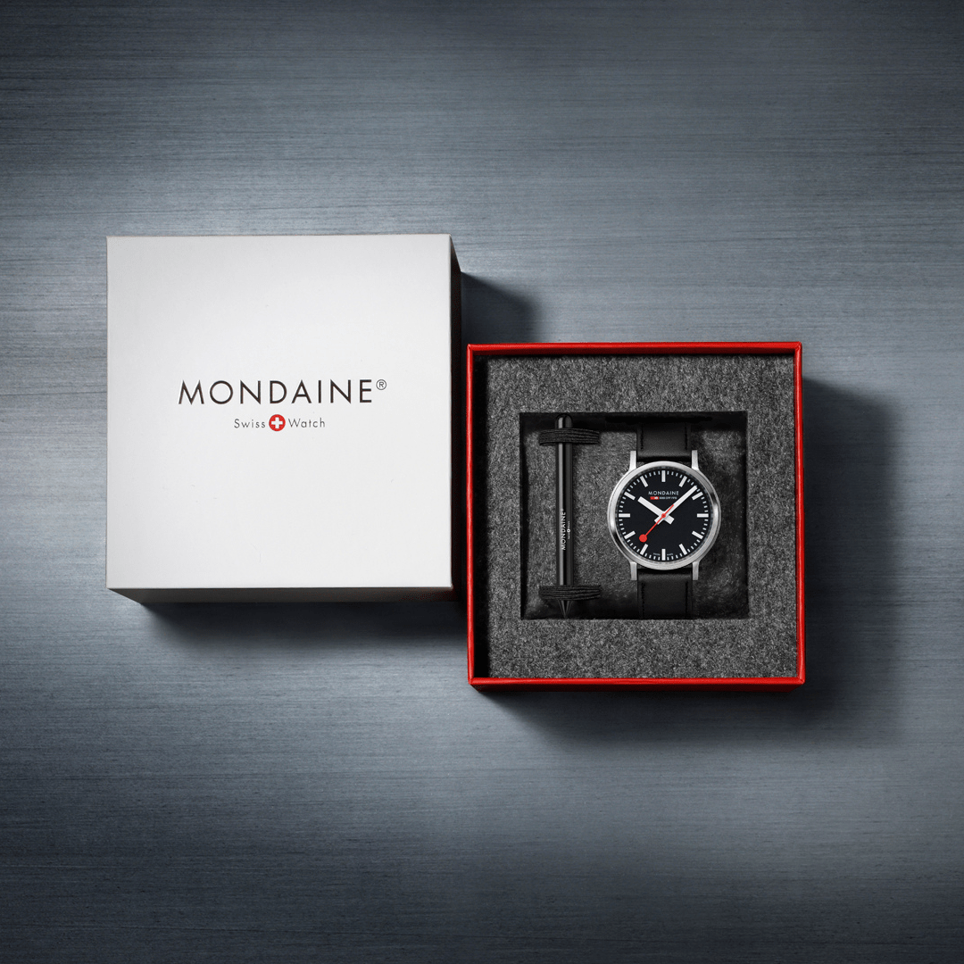 Mondaine Stop2Go Black Dial 41mm Vegan Leather Swiss Watch
