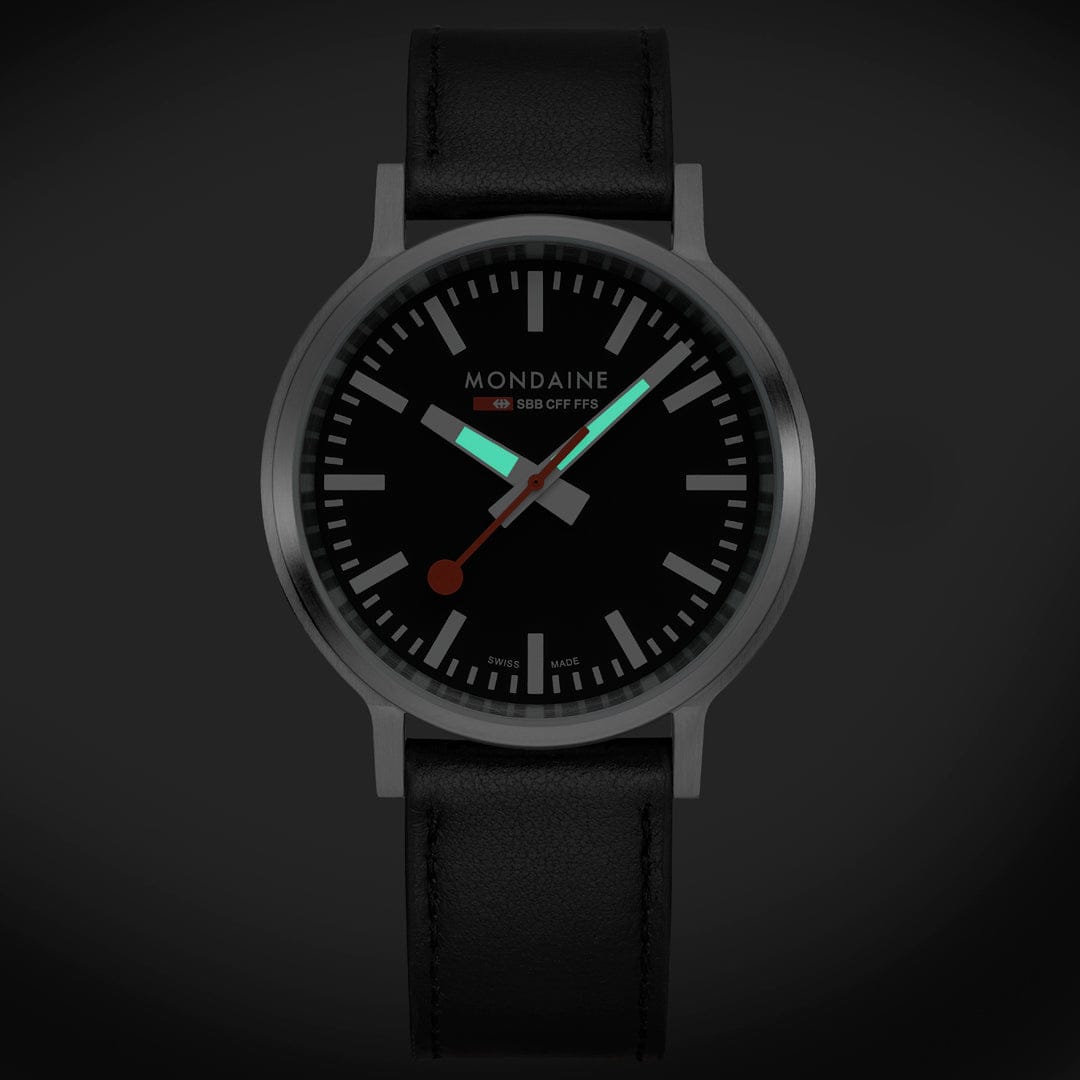 Mondaine Stop2Go Black Dial 41mm Vegan Leather Swiss Watch