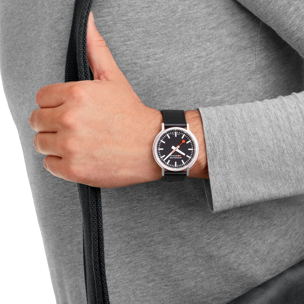 Mondaine Stop2Go Black Dial 41mm Vegan Leather Swiss Watch