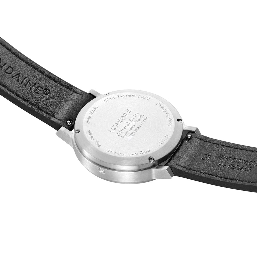 Mondaine Stop2Go Black Dial 41mm Vegan Leather Swiss Watch