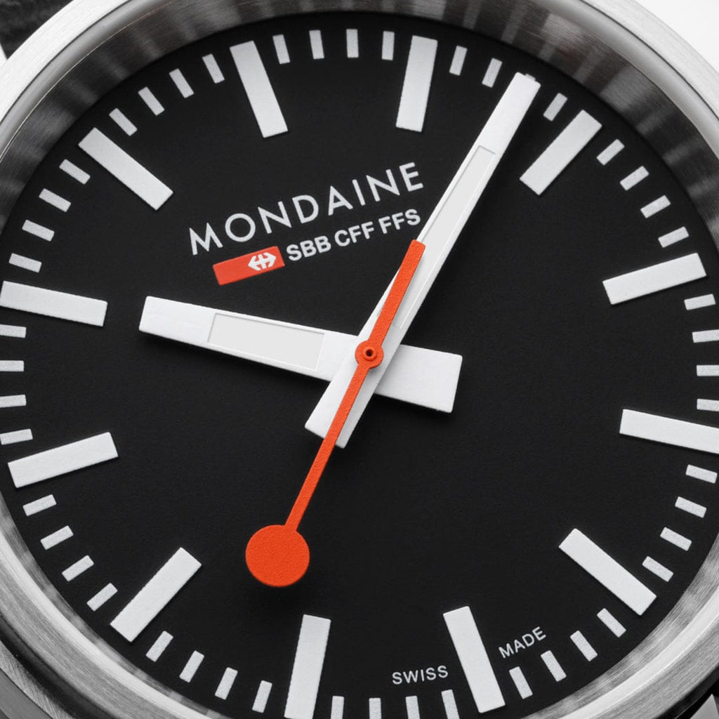 Mondaine Stop2Go Black Dial 41mm Vegan Leather Swiss Watch