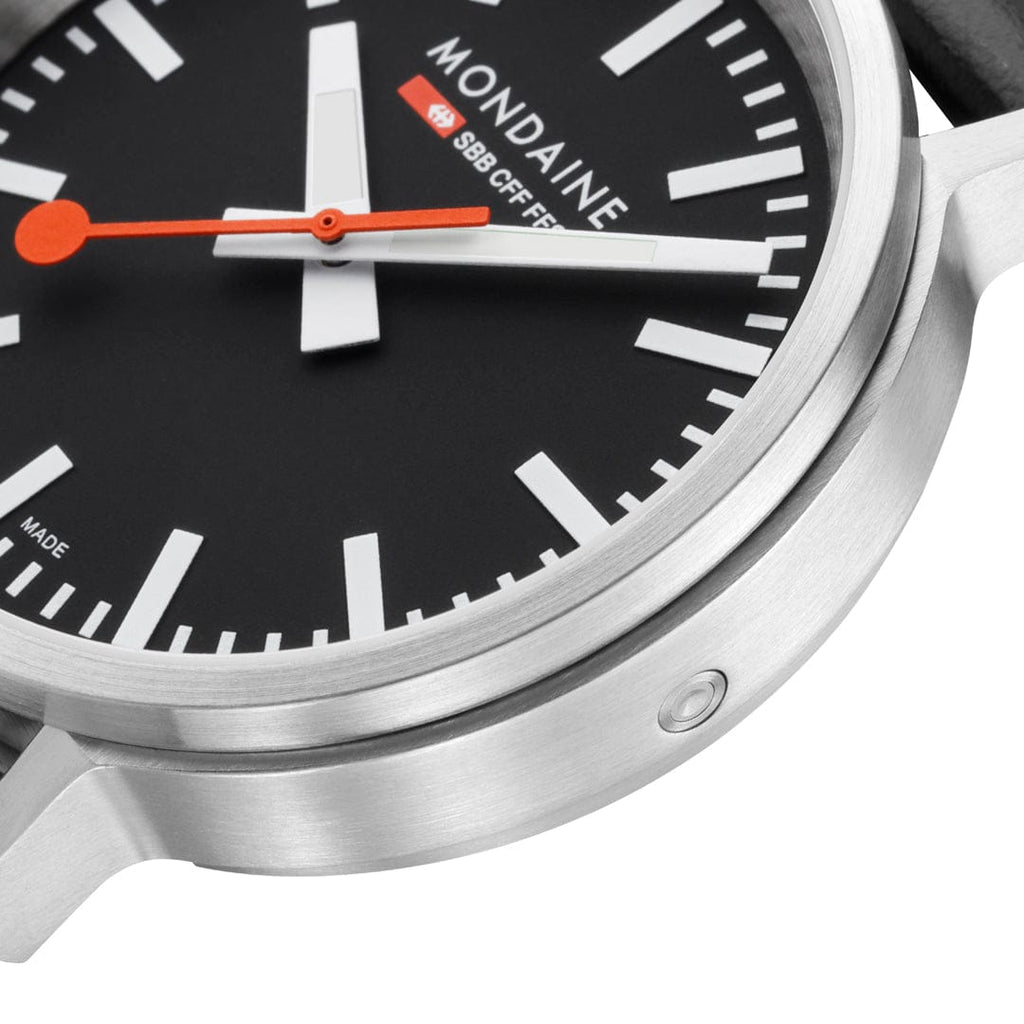 Mondaine Stop2Go Black Dial 41mm Vegan Leather Swiss Watch