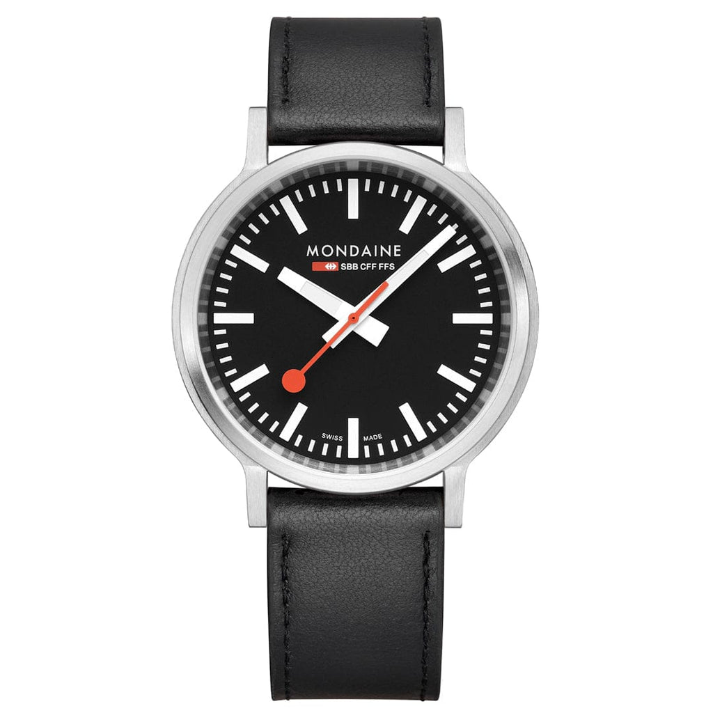 Mondaine Stop2Go Black Dial 41mm Vegan Leather Swiss Watch