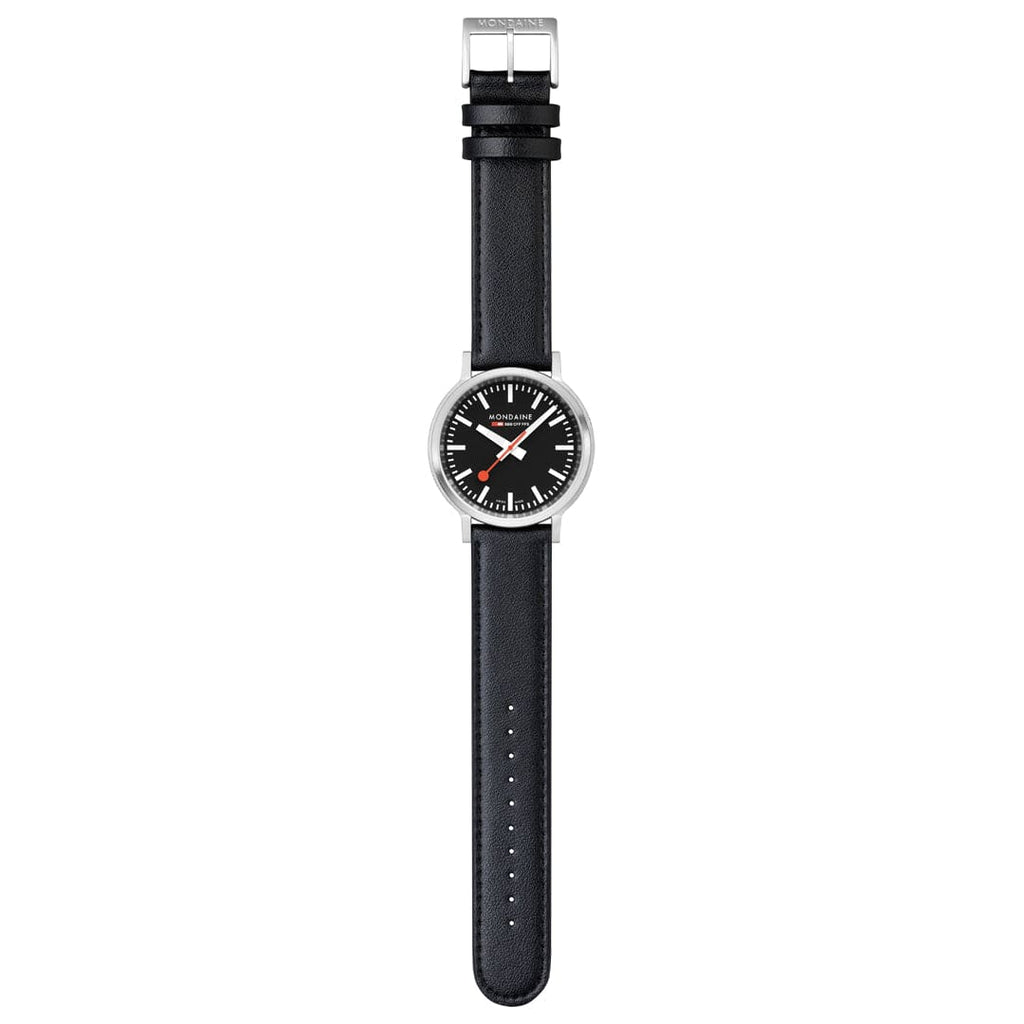 Mondaine Stop2Go Black Dial 41mm Vegan Leather Swiss Watch