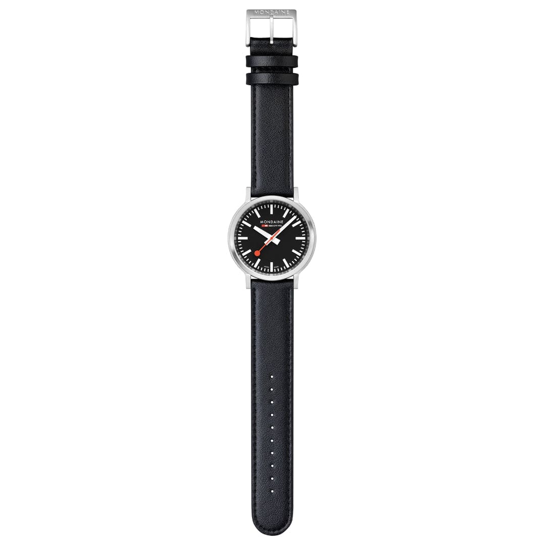 Mondaine Stop2Go Black Dial 41mm Vegan Leather Swiss Watch