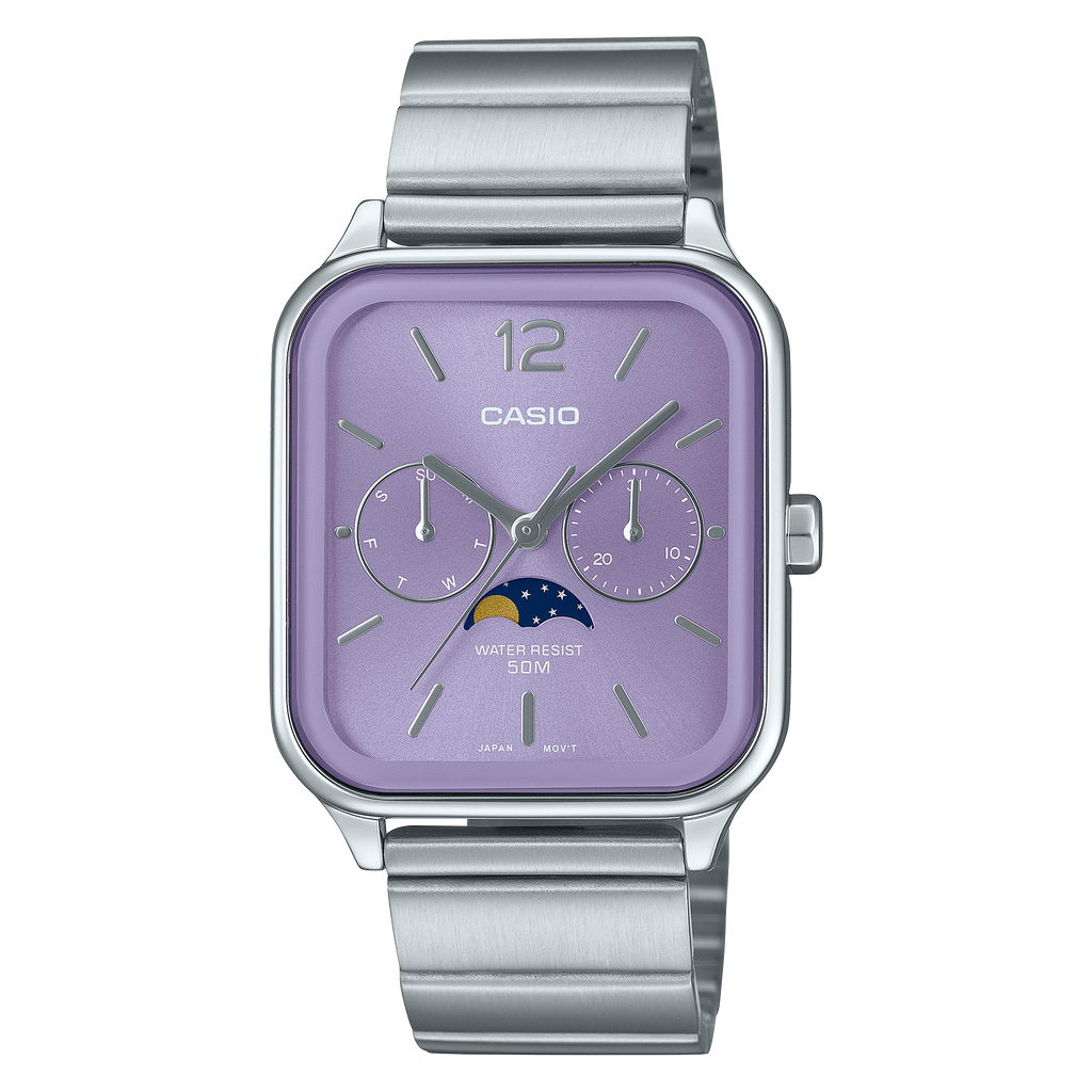Casio Analogue Moon Phase Pale Purple Dial Stainless Steel Watch MTPM305D-6A
