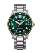 Citizen Automatic Silver Stainless Steel Gold Bezel Green Dial Watch NJ0196-80X
