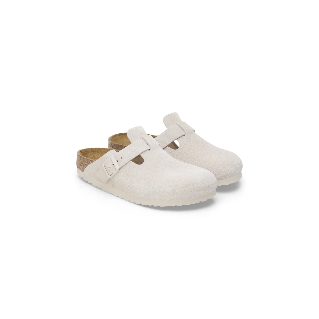 Boston Soft Footbed Antique White Suede Leather Clogs