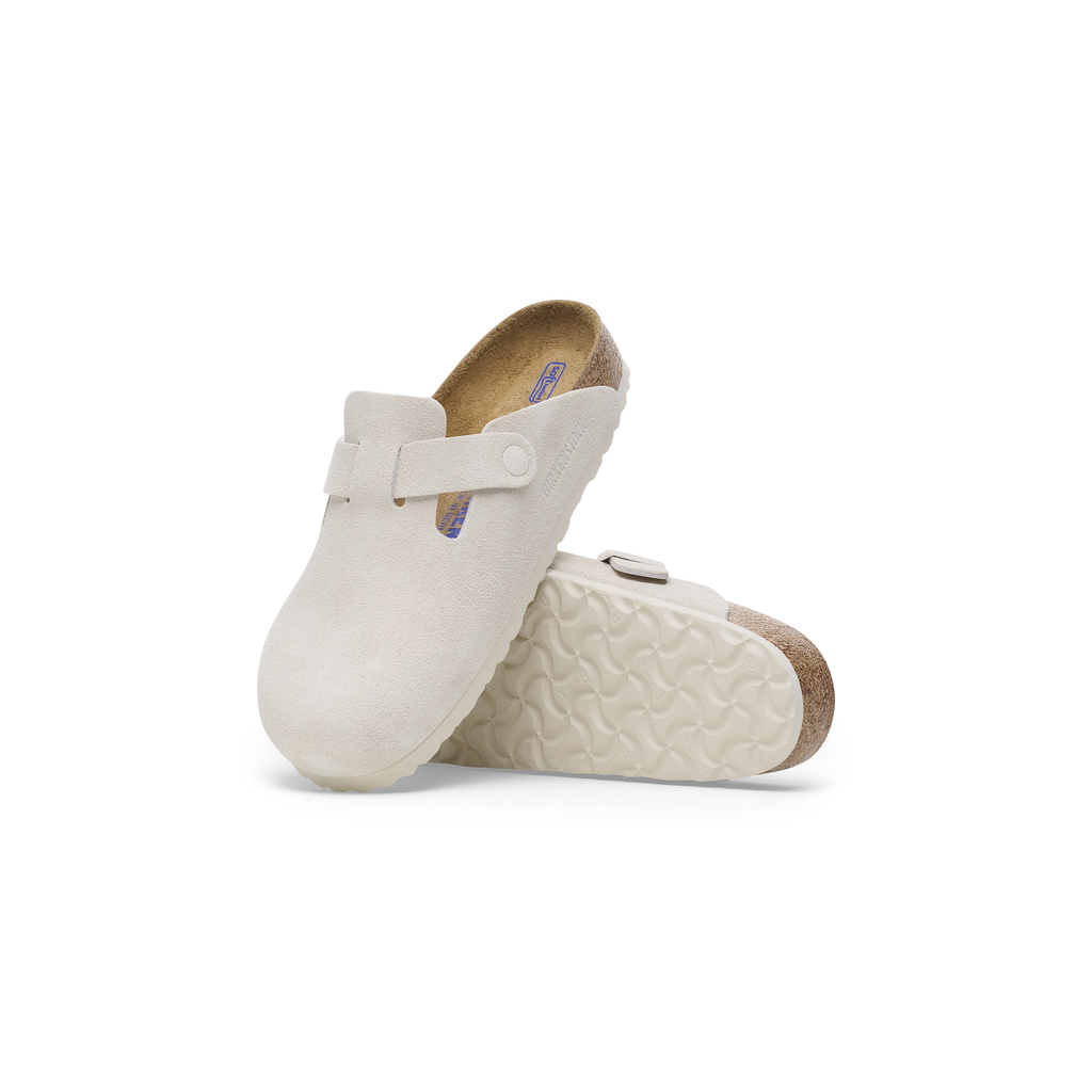 Boston Soft Footbed Antique White Suede Leather Clogs