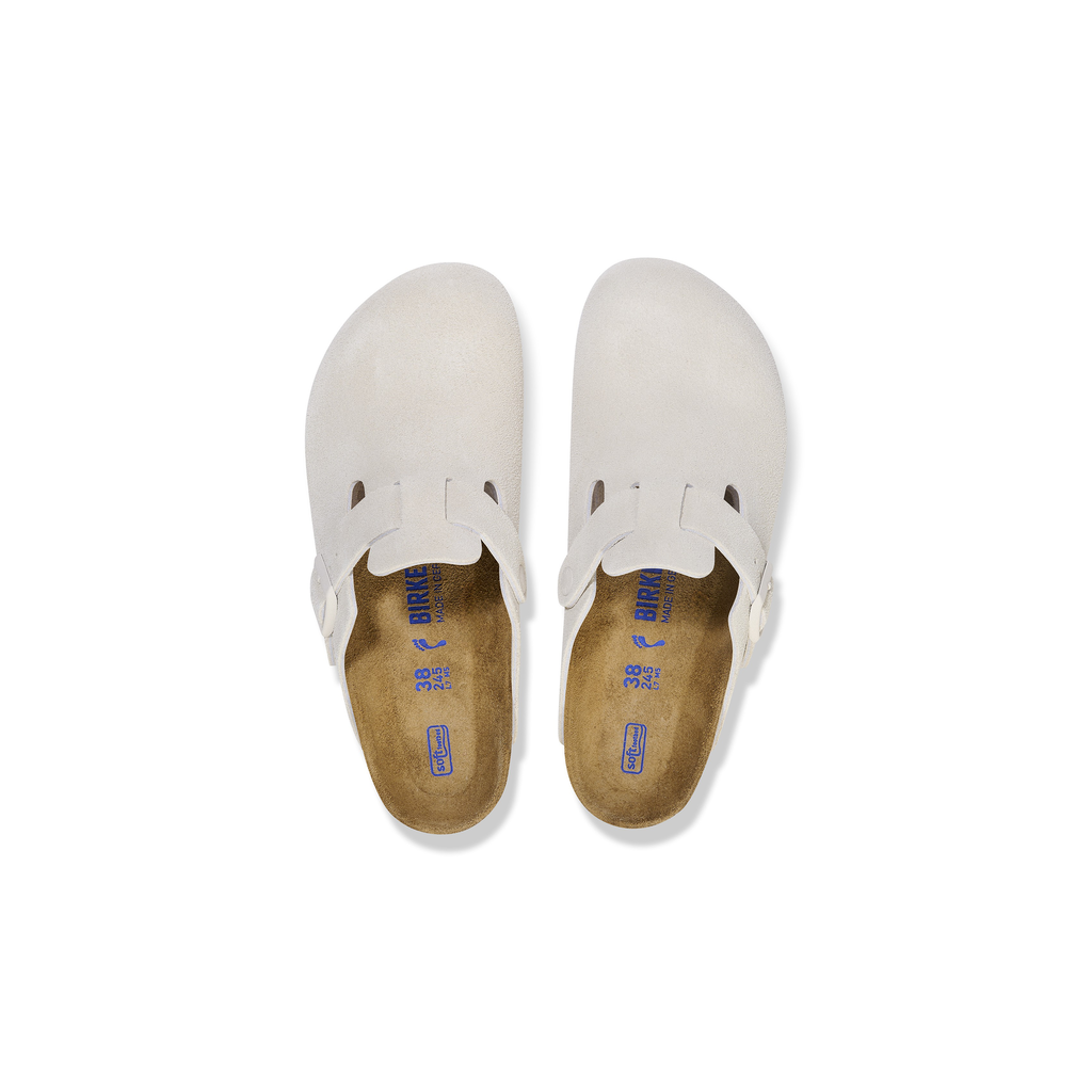 Boston Soft Footbed Antique White Suede Leather Clogs