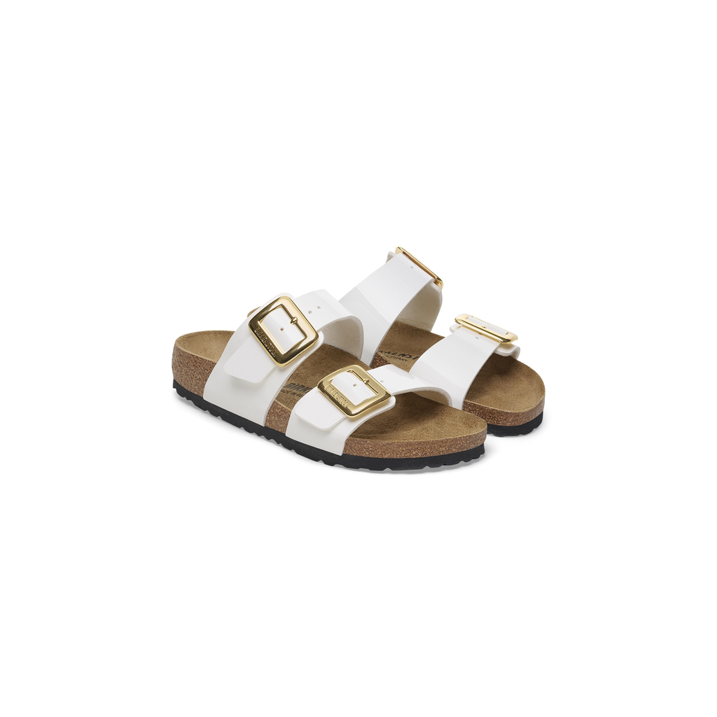 Sydney Cushion Buckle Patent White Birko-Flor Sandals