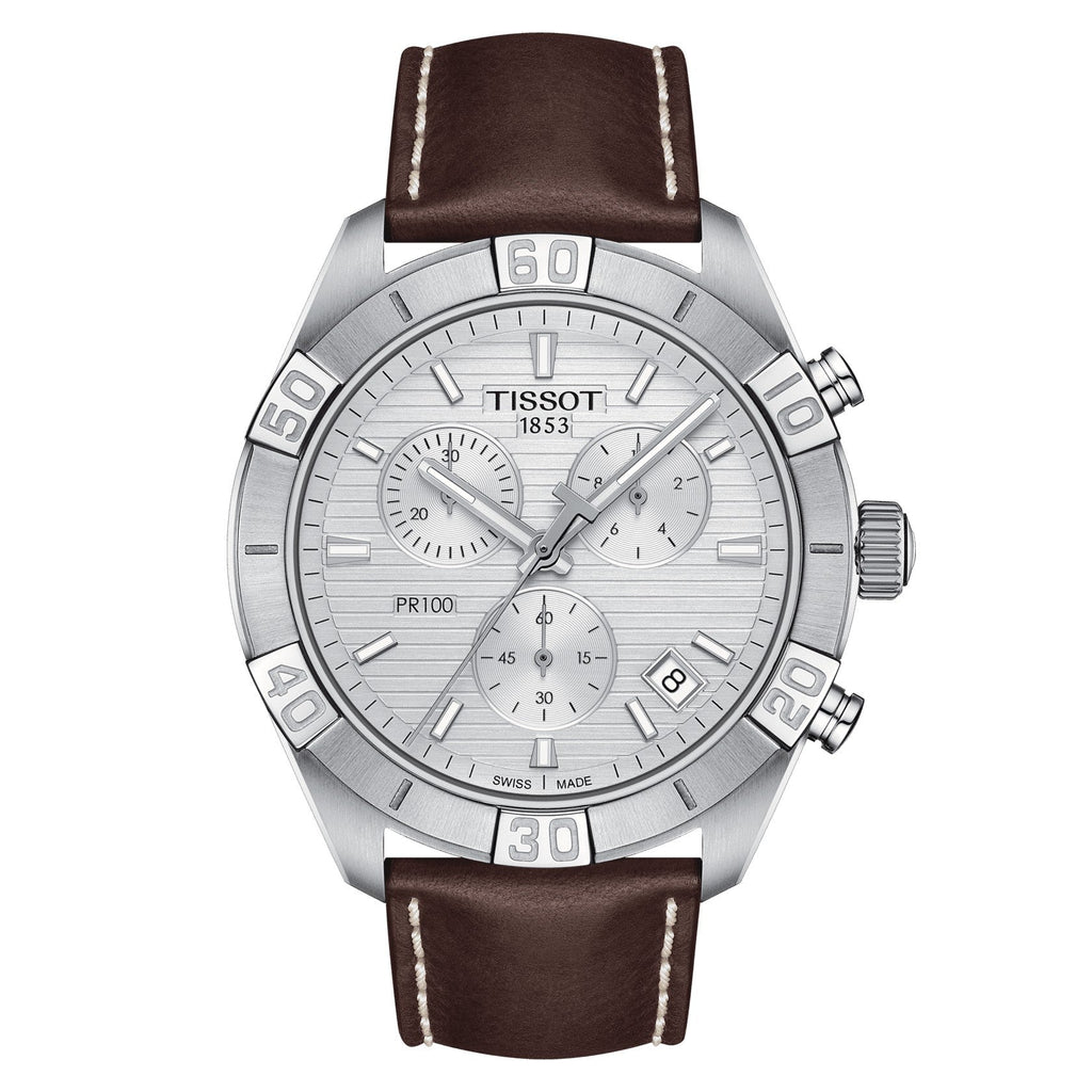 Tissot PR 100 Sport Quartz Chronograph Silver Dial Brown Leather Strap Watch For Men - T101.617.16.031.00