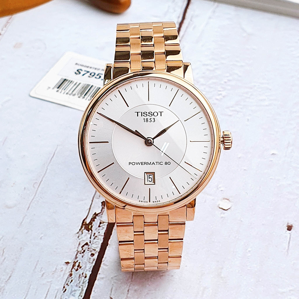 Tissot T Classic Carson Premium Automatic White Dial Rose Gold Steel Strap Watch for Men - T122.407.33.031.00