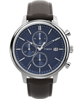 Timex Chicago Chrono 45mm Silver Tone Blue Dial Brown Leather Strap TW2W76200