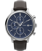 Timex Chicago Chrono 45mm Silver Tone Blue Dial Brown Leather Strap TW2W76200