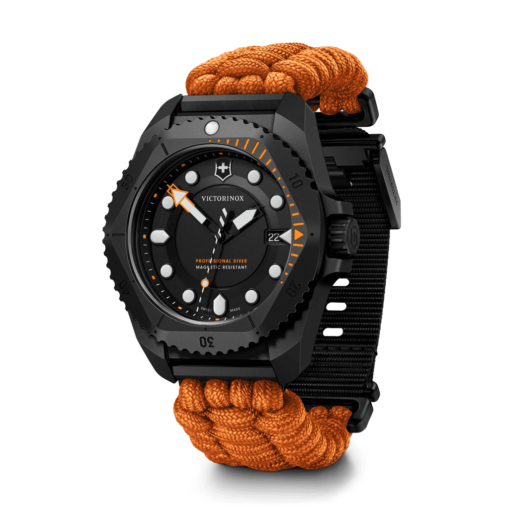 Victorinox Dive Pro Quartz Orange Paracord Band Black Dial Watch 242069.1