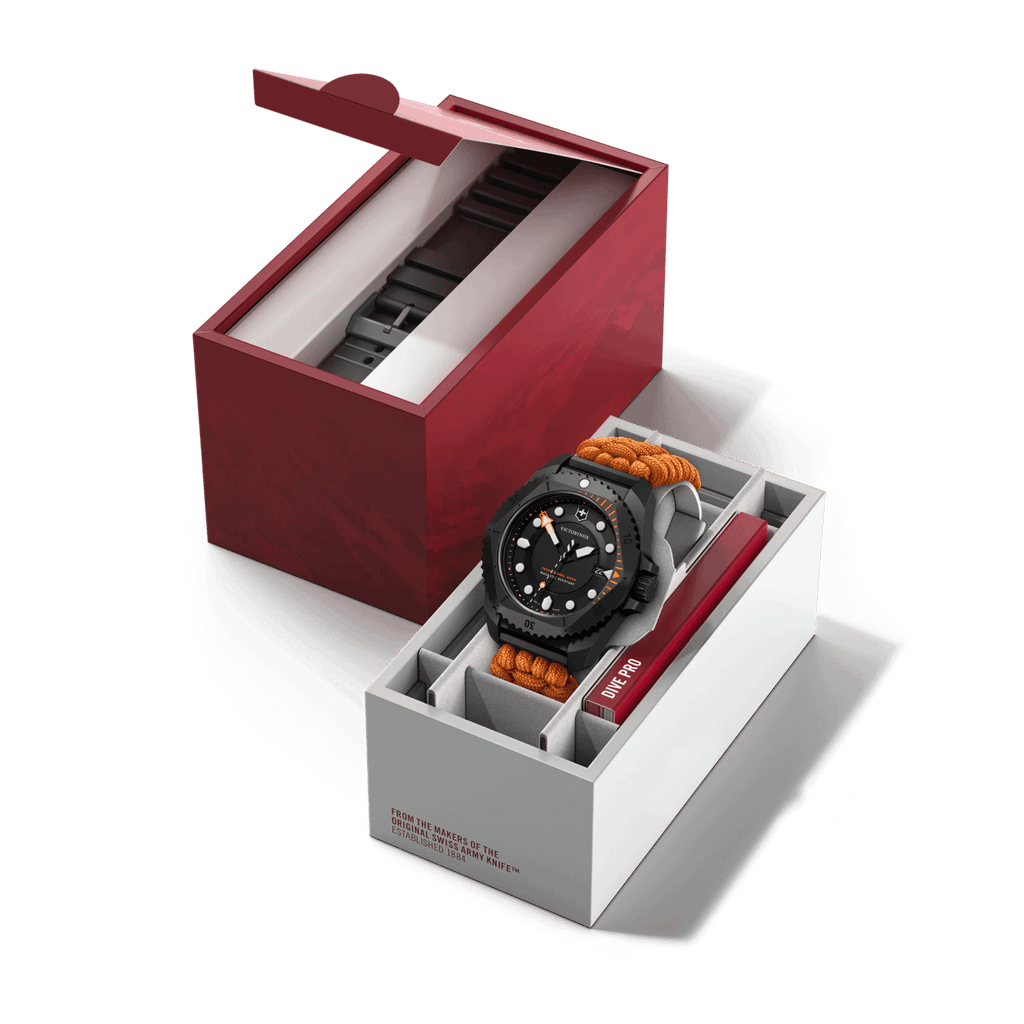 Victorinox Dive Pro Quartz Orange Paracord Band Black Dial Watch 242069.1