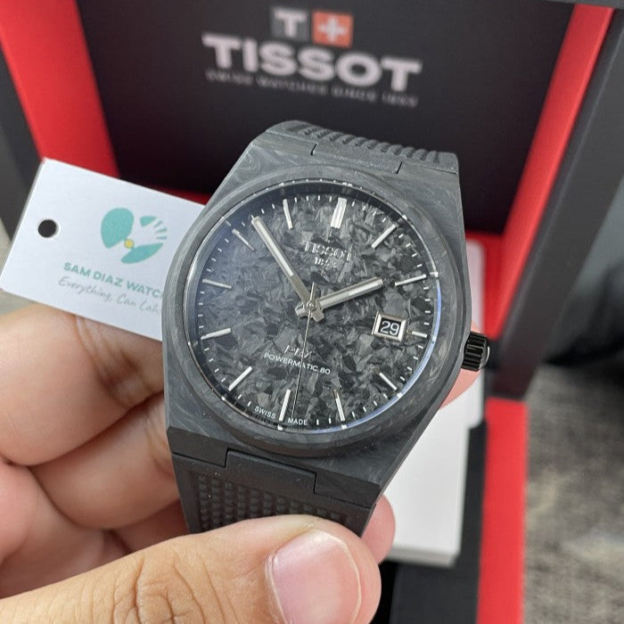 Tissot PRX Powermatic 80 Carbon Black Dial Black Rubber Strap Watch for Men - T137.907.97.201.00