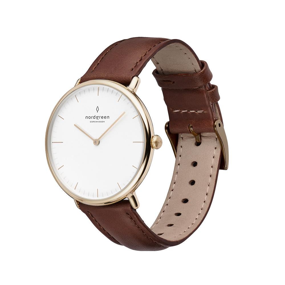 Nordgreen Native Dark Brown Leather 40mm Gold Case Watch