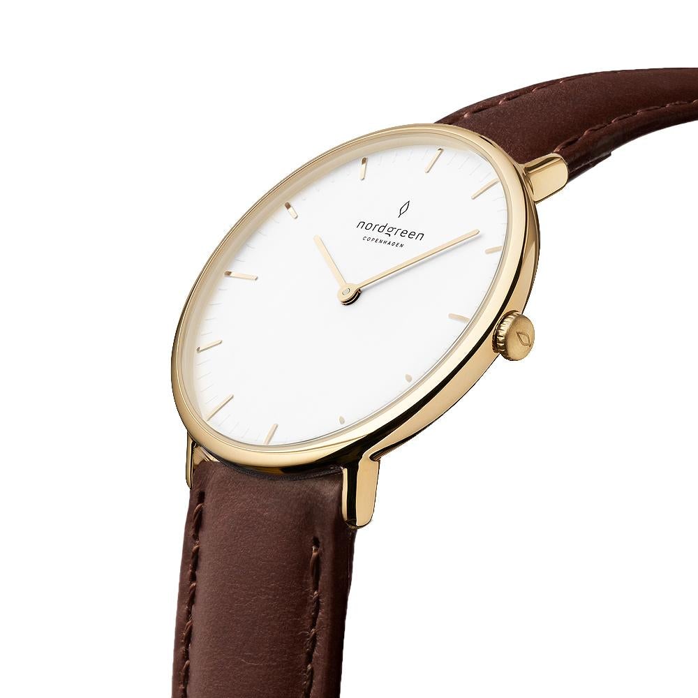 Nordgreen Native Dark Brown Leather 40mm Gold Case Watch