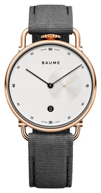 Baume & Mercier Baume Rose Gold PVD Silver Dial Gray Cotton Strap Date Quartz Mens Watch M0A10600
