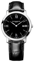 Baume & Mercier Classima Stainless Steel Black Dial Black Leather Strap Date Quartz Mens Watch MOA10098
