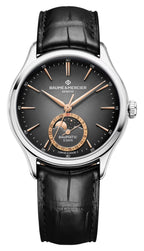 Baume & Mercier Clifton Baumatic Automatic Stainless Steel Gray Dial Black Leather Strap Moonphase Date Mens Watch M0A10758