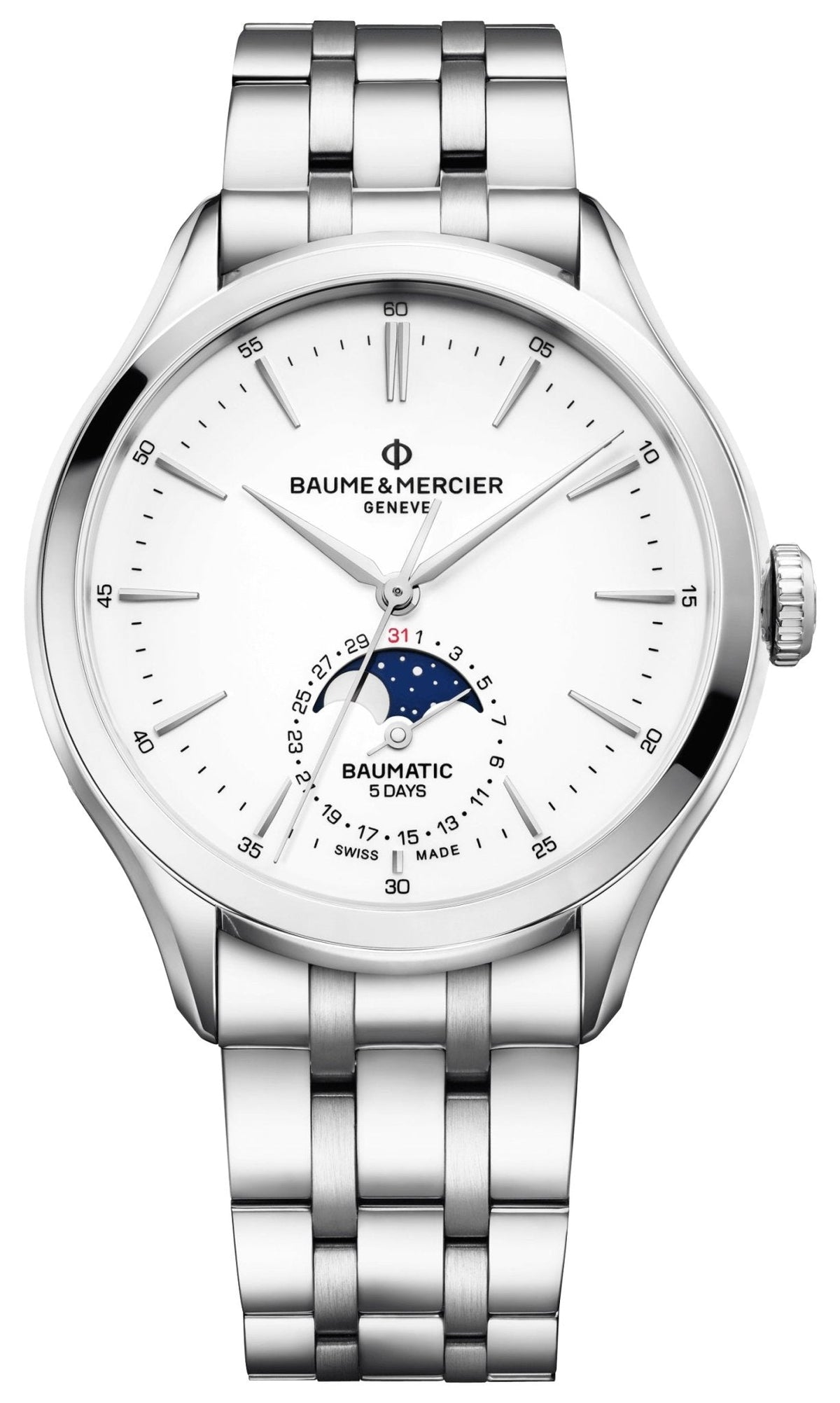 Baume & Mercier Clifton Baumatic Automatic Stainless Steel White Dial Moonphase Date Mens Watch M0A10552