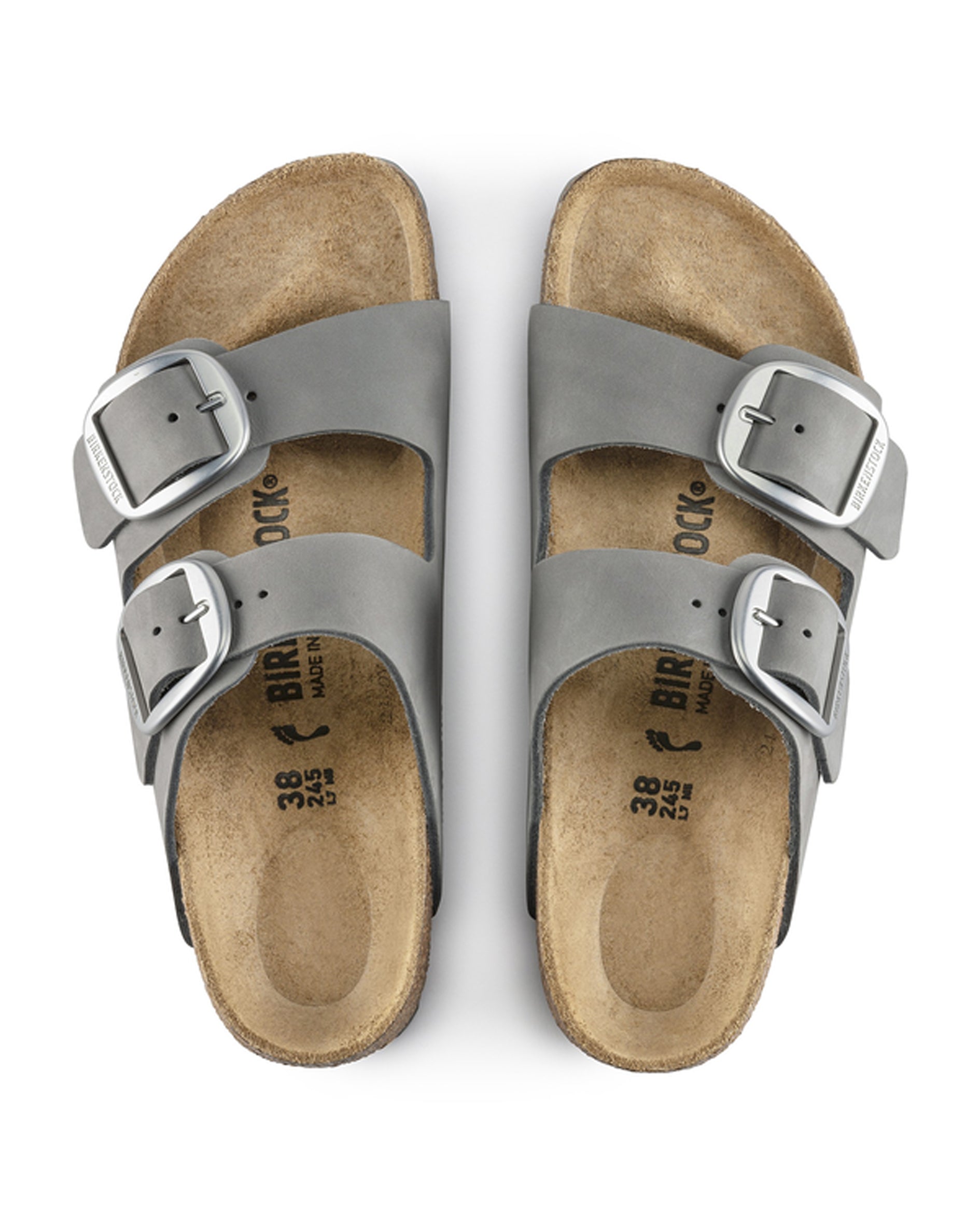 Arizona Big Buckle Dove Grey Nubuck Leather Sandals