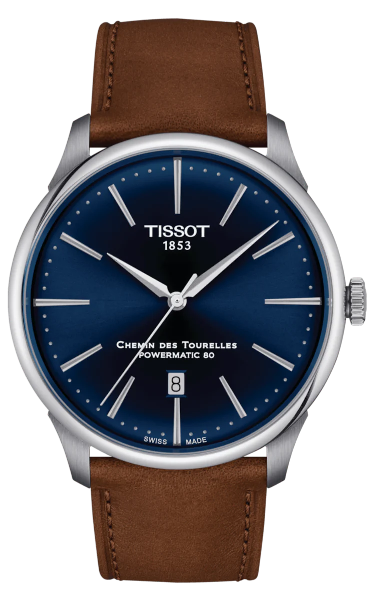 Tissot Chemin des Tourelles Automatic Powermatic 80 Blue Dial Brown Leather Strap Watch for Men - T139.407.16.041.00
