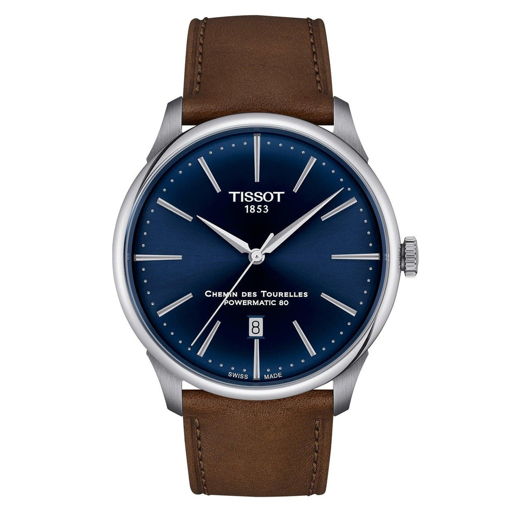 Tissot Chemin des Tourelles Automatic Powermatic 80 Blue Dial Brown Leather Strap Watch for Men - T139.407.16.041.00