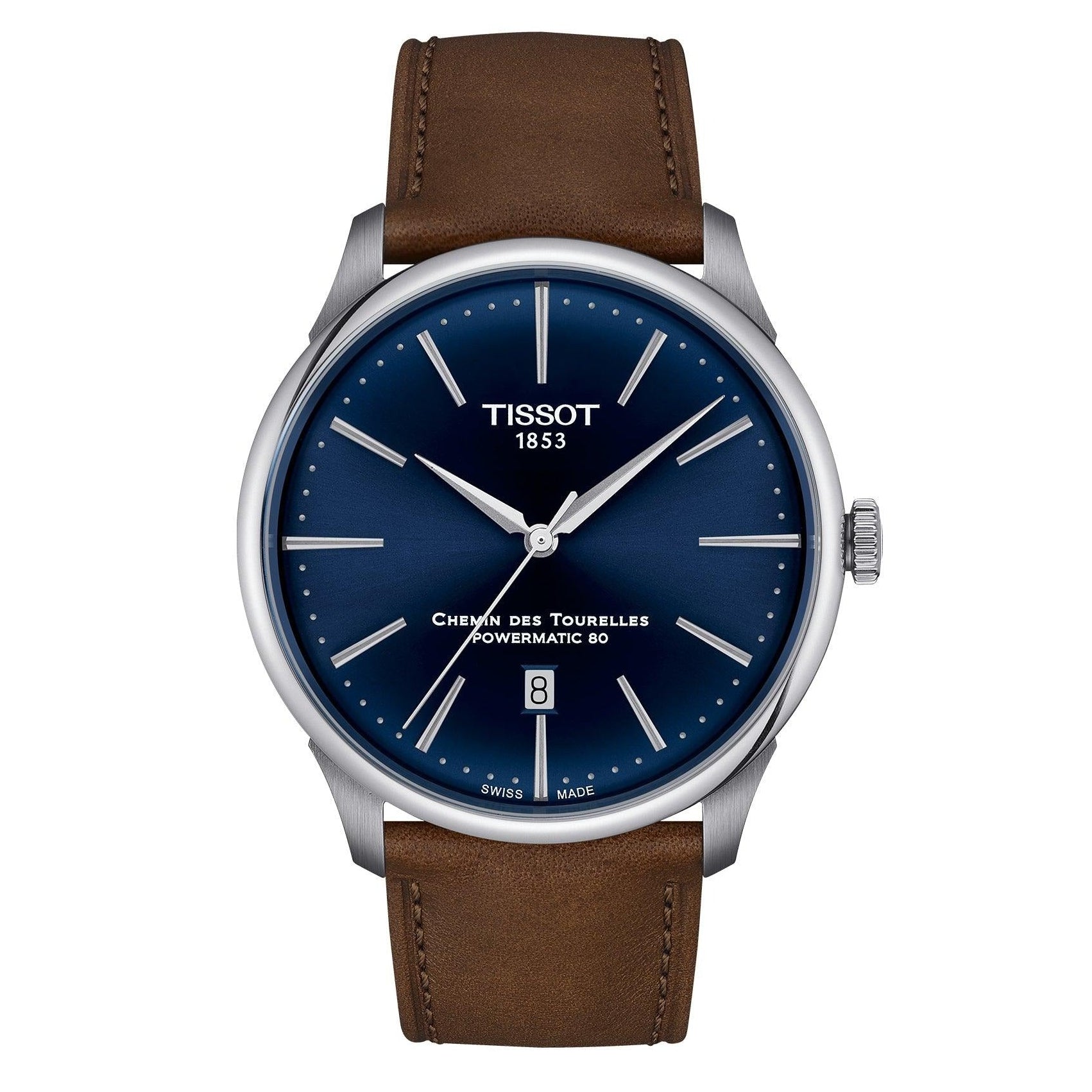 Tissot Chemin des Tourelles Automatic Powermatic 80 Blue Dial Brown Leather Strap Watch for Men - T139.407.16.041.00
