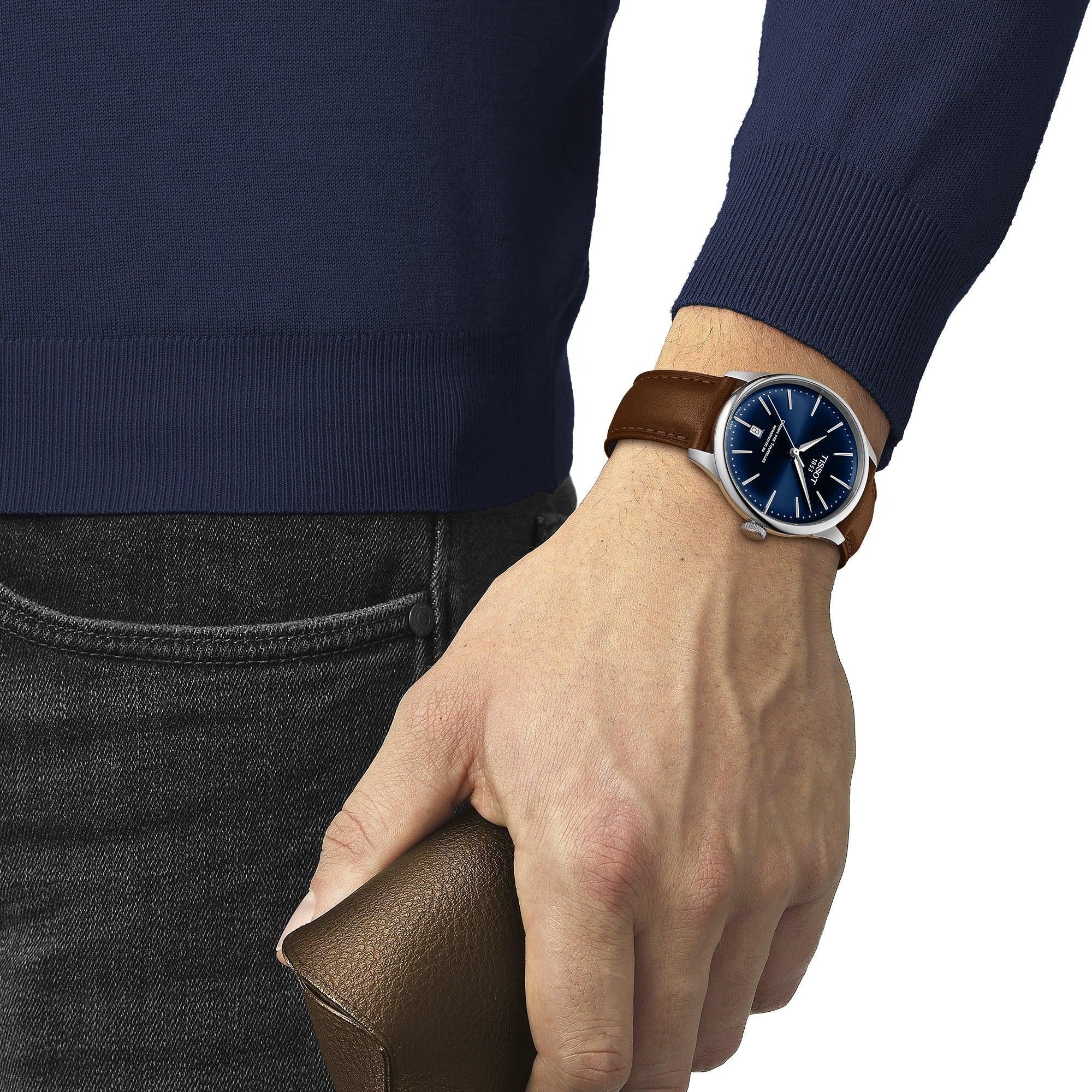 Tissot Chemin des Tourelles Automatic Powermatic 80 Blue Dial Brown Leather Strap Watch for Men - T139.407.16.041.00