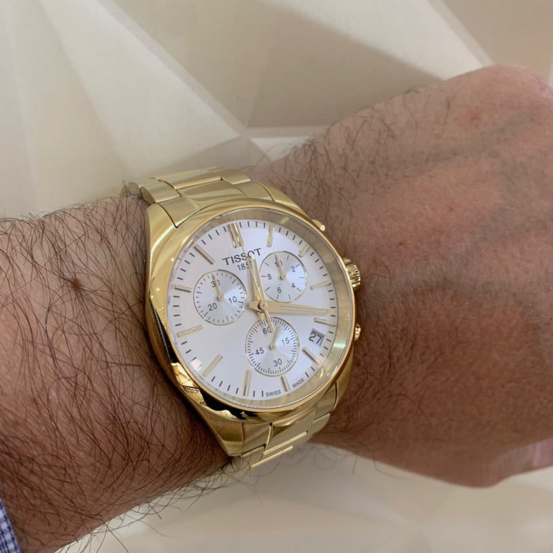 Tissot PR 100 Chronograph White Dial Gold Steel Strap Watch for Men - T150.417.33.031.00